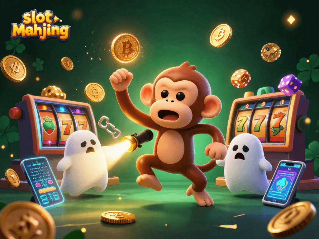 Spin slot mahjong reels amidst vibrant coins and haunted characters in a dynamic casino illustration.