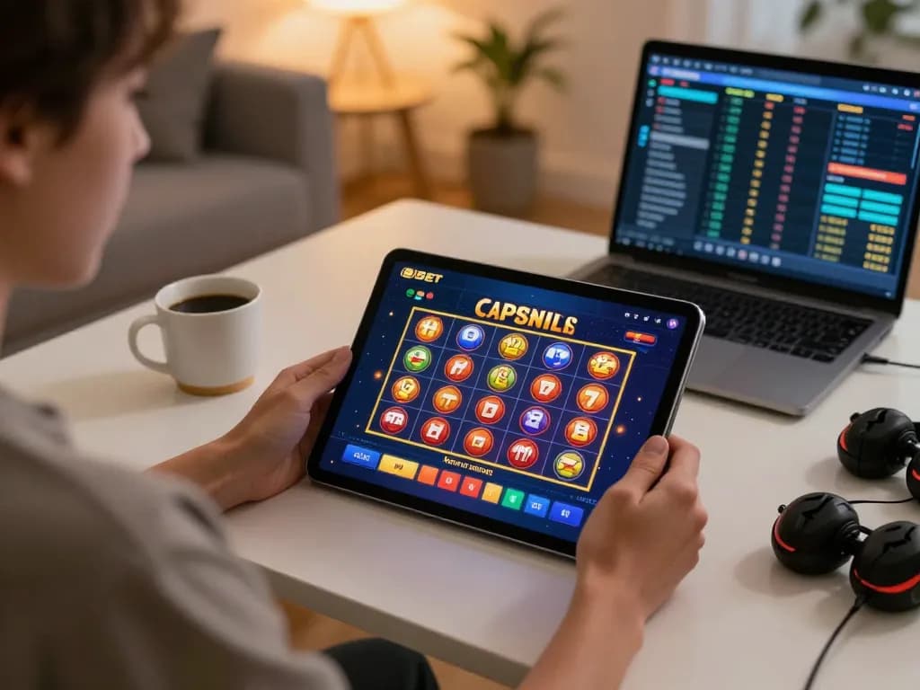 Bbet user actively engaging with casino app on tablet in a cozy home setting.