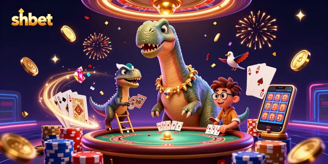 Engage with SHBET through this vibrant 3D scene featuring exciting casino elements and characters.