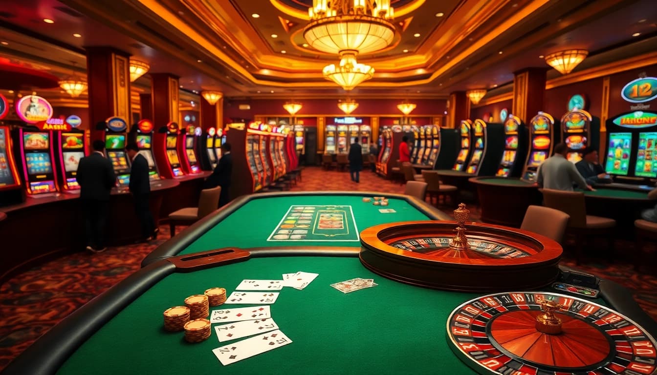 Experience the thrill of hay88 with an exciting casino scene featuring poker action and vibrant slot machines.
