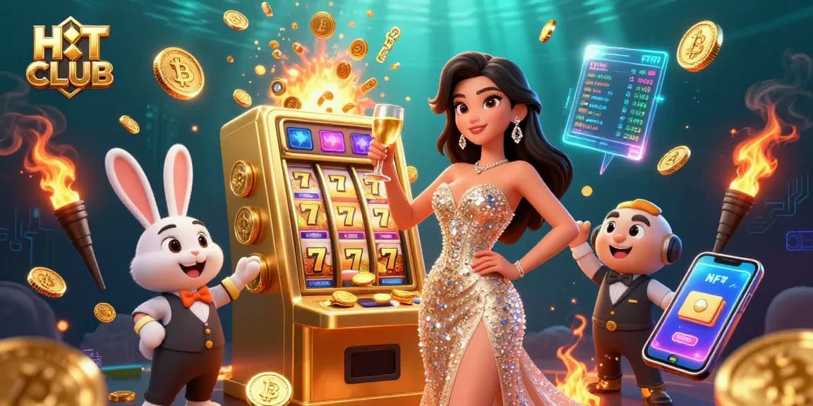 Experience the HIT CLUB slot machine explosion with golden coins and vibrant characters in a dynamic casino scene.