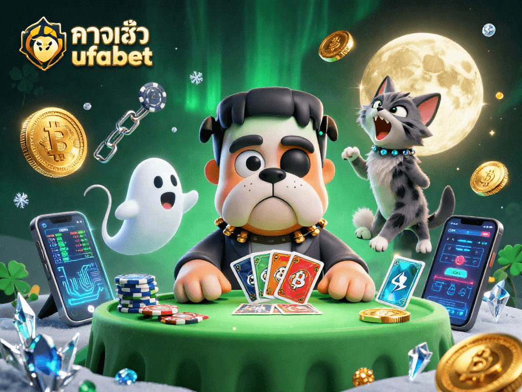 Engage with ทางเข้า ufabet gaming scene featuring a Frankenstein bulldog dealer and a ghost mouse amid festive casino elements.