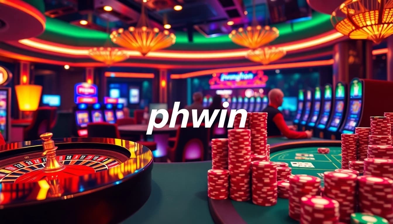 Experience thrilling gameplay with phwin in a luxurious casino setting featuring vibrant slot machines and poker chips.