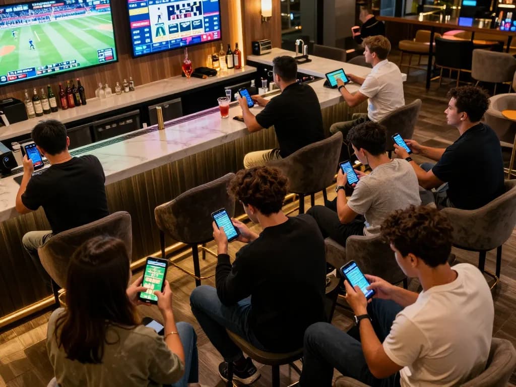 W69 sports betting action with patrons using mobile devices to place bets in a vibrant lounge setting