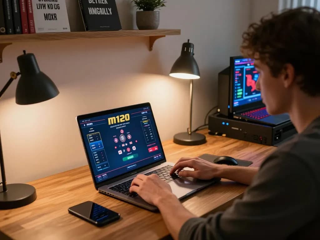 Engaging in the m120 poker game with a modern home setup for optimal gambling experience.