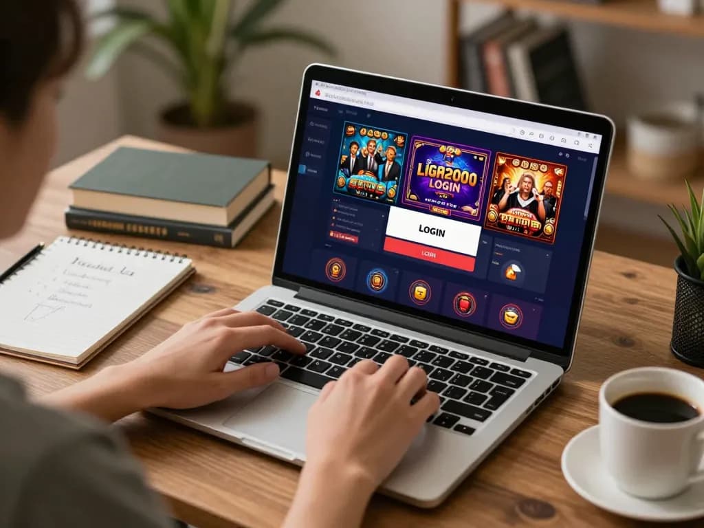 LIGA2000 LOGIN screen displayed on laptop in a cozy home gaming setup, user strategizing their bets