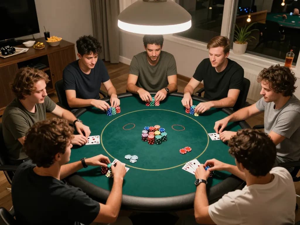 Players enjoying a fun poker night at home with 98wincom branded chips and drinks