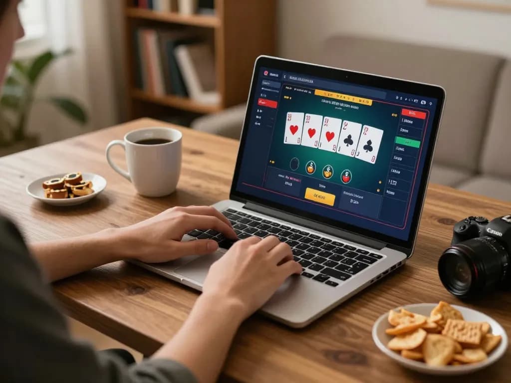 Engaging in online casino games with MM88 interface displayed on a laptop in a cozy home environment.