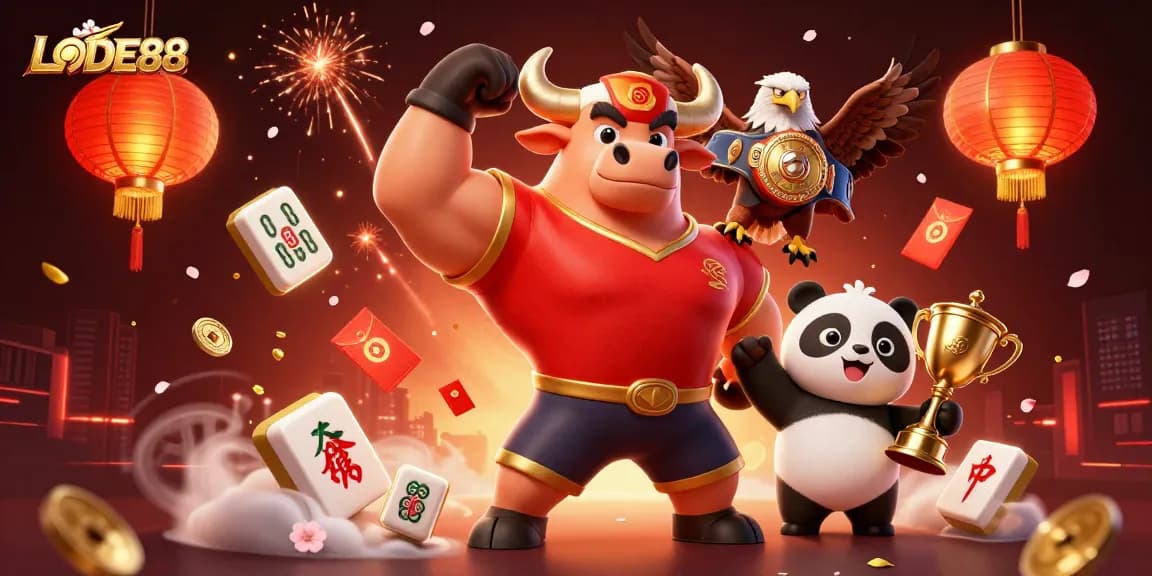 Engage with LODE88 through a vibrant 3D scene featuring a champion bull mascot, eagle, and panda amidst casino elements.