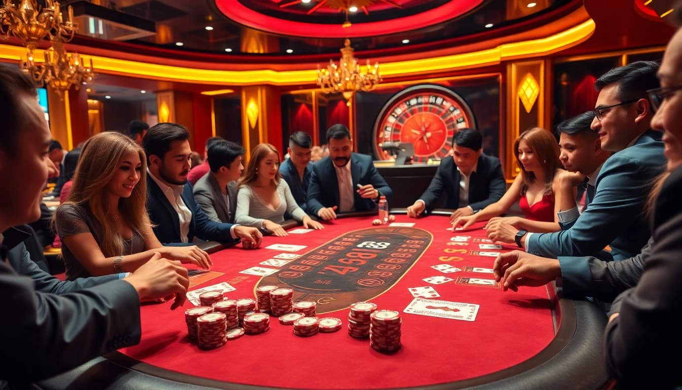 Experience the thrill of FLY88 with poker chips and cards in a luxurious casino setting.