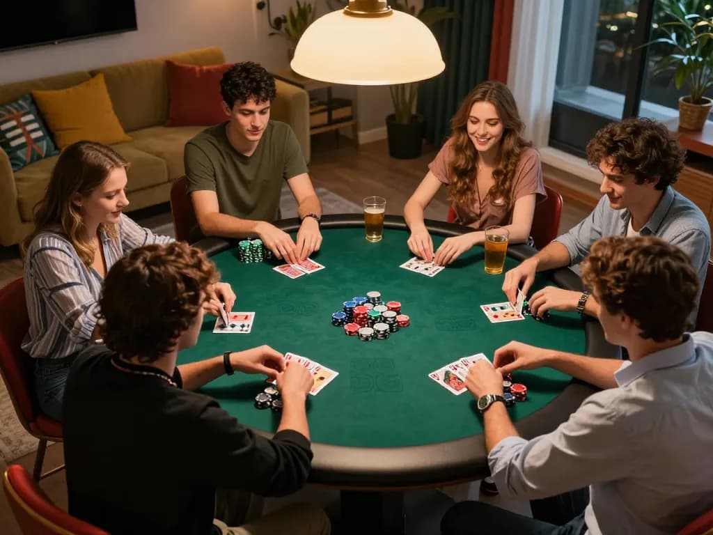 Friends enjoying a home poker night while playing Hi88, focused on their cards in a cozy atmosphere.