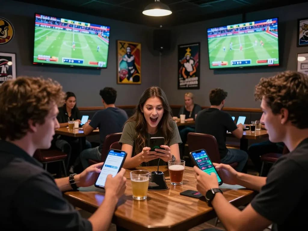 Active sports betting at cm88 com with enthusiastic fans engaging on mobile apps in a vibrant sports bar.