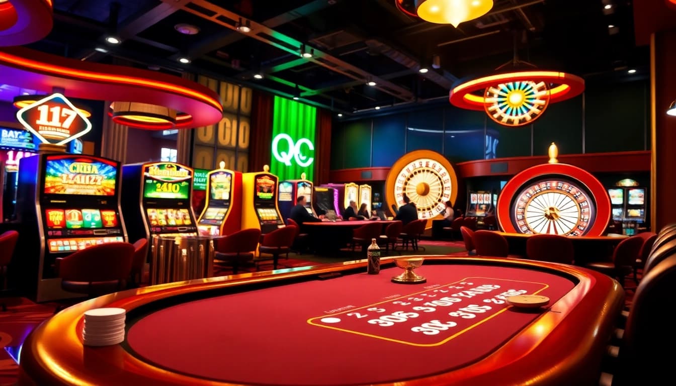 A captivating casino scene featuring players at poker tables and vibrant slot machines, representing qqmacan's gambling excitement.