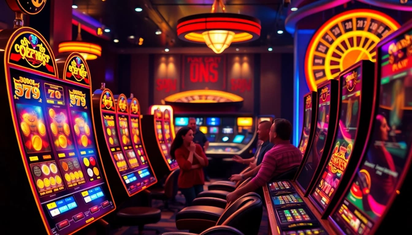 Play exciting idn slot games at a vibrant casino with colorful slot machines and enthusiastic players.