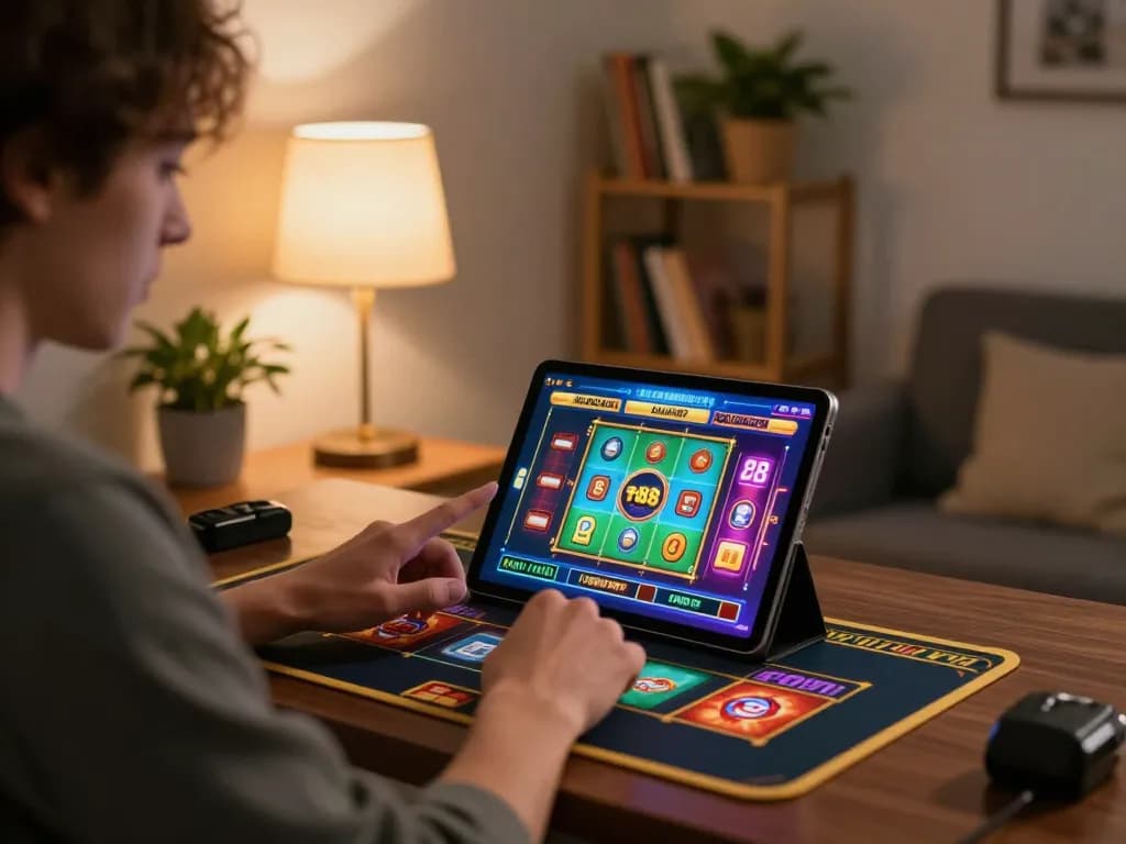 Engaging in tr88 game on tablet in a cozy home setting with vibrant graphics displayed