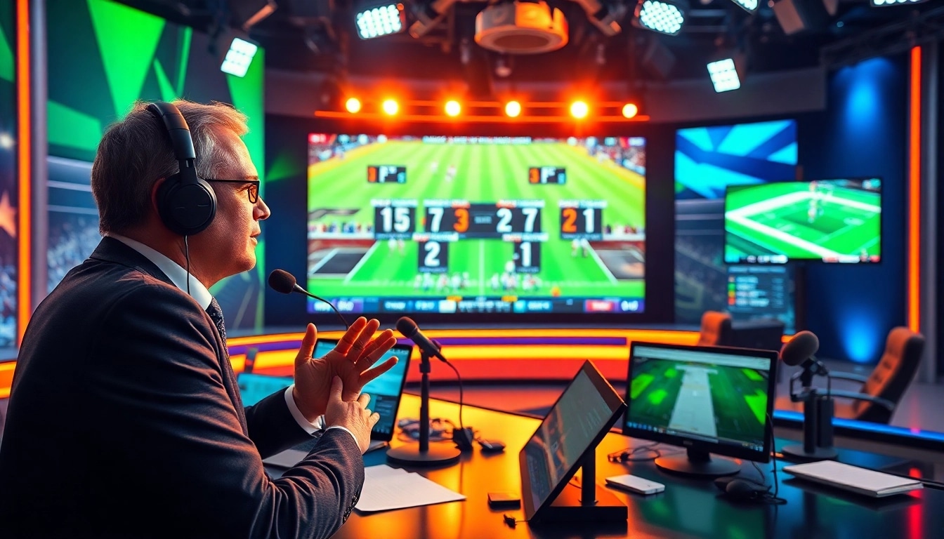 Engaging scene of sports broadcasting with a dynamic analyst discussing live games.