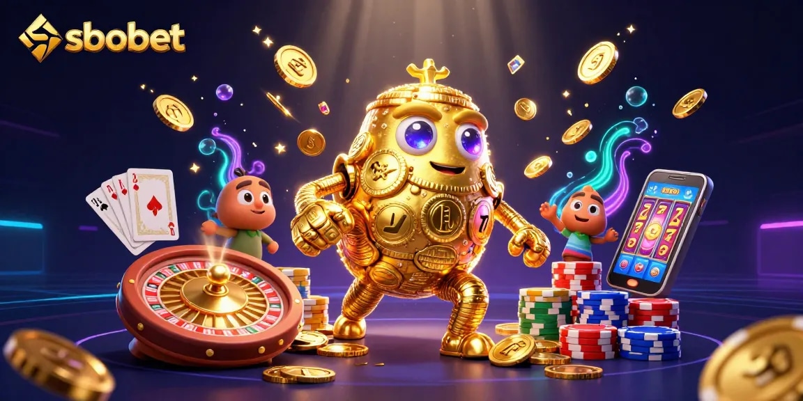 Experience sbobet's thrilling action with dynamic gold golem and casino elements in a vibrant scene.