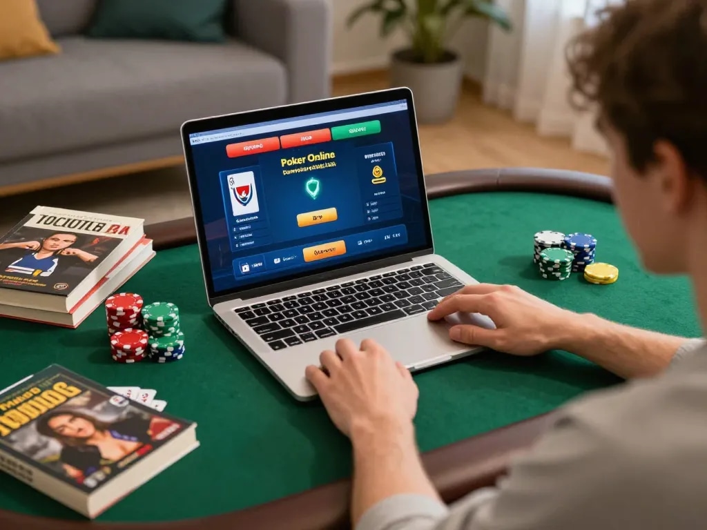 Engaging in Poker Online Domino QQ with vibrant interface displayed on laptop, showcasing strategy and entertainment.