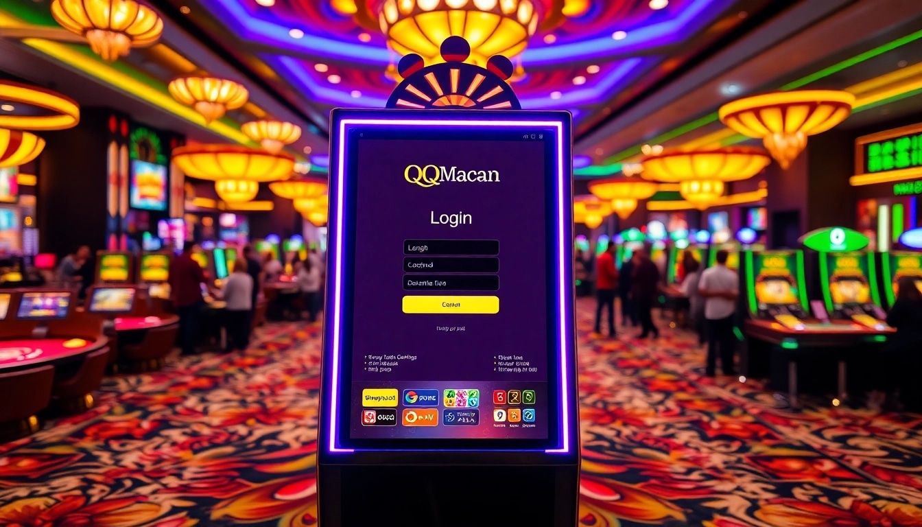 Experience the thrill of QQMacan login at a luxurious casino with vibrant slot machines and tables.