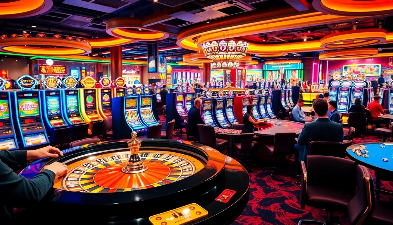 Spannende casinospielen mit farbenfrohen Spielautomaten und einem aufregenden Roulette-Tisch umgeben von Spielern.