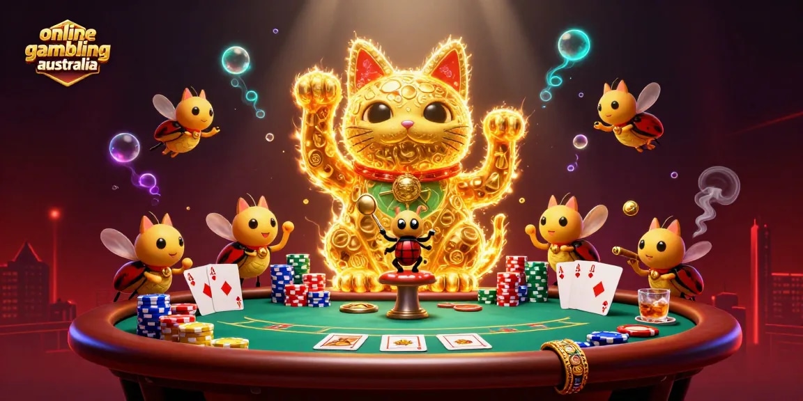 Engaging portrayal of online gambling Australia with golden fireflies and casino symbols.
