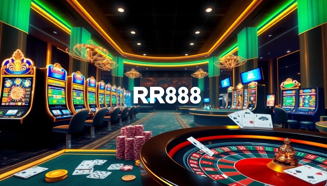 RR88 enhances your gaming experience at a luxurious online casino filled with vibrant slot machines and poker chips.