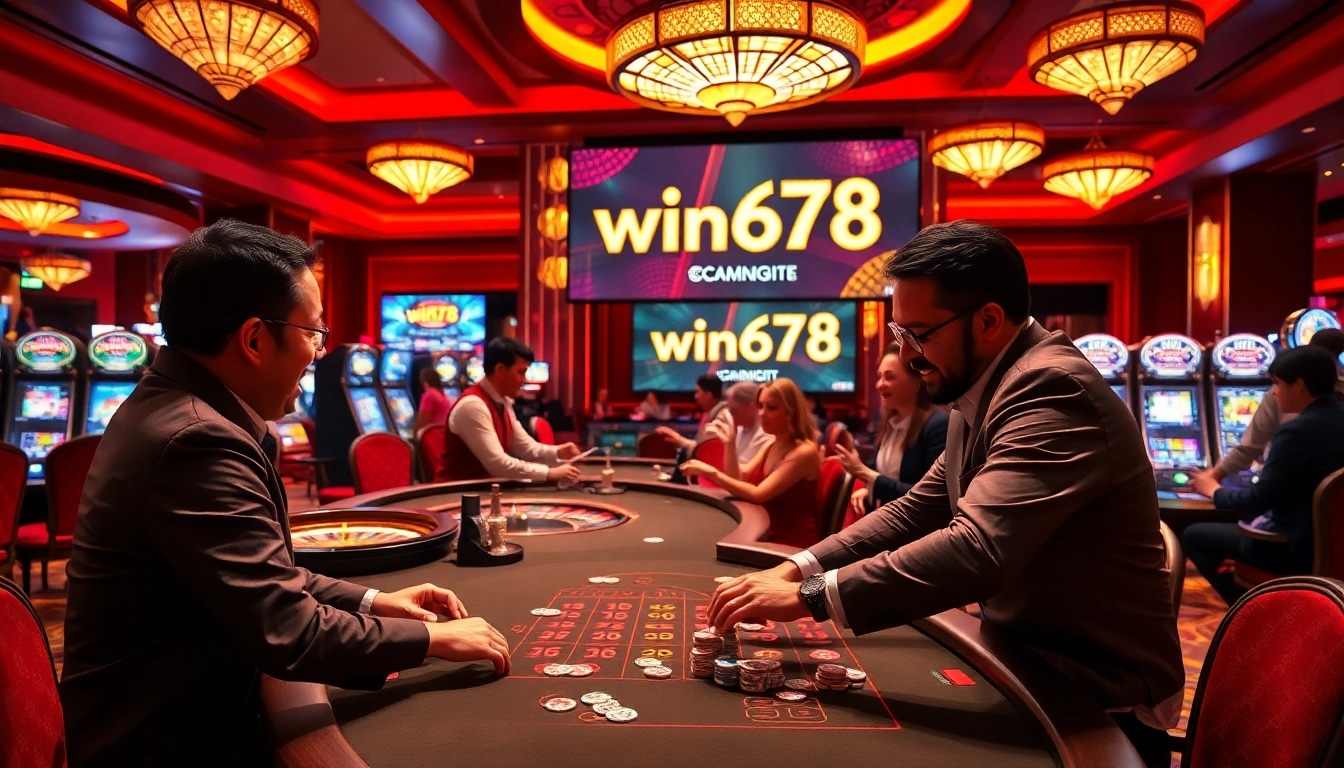 Excited gamblers placing bets and celebrating at the win678 live casino table.