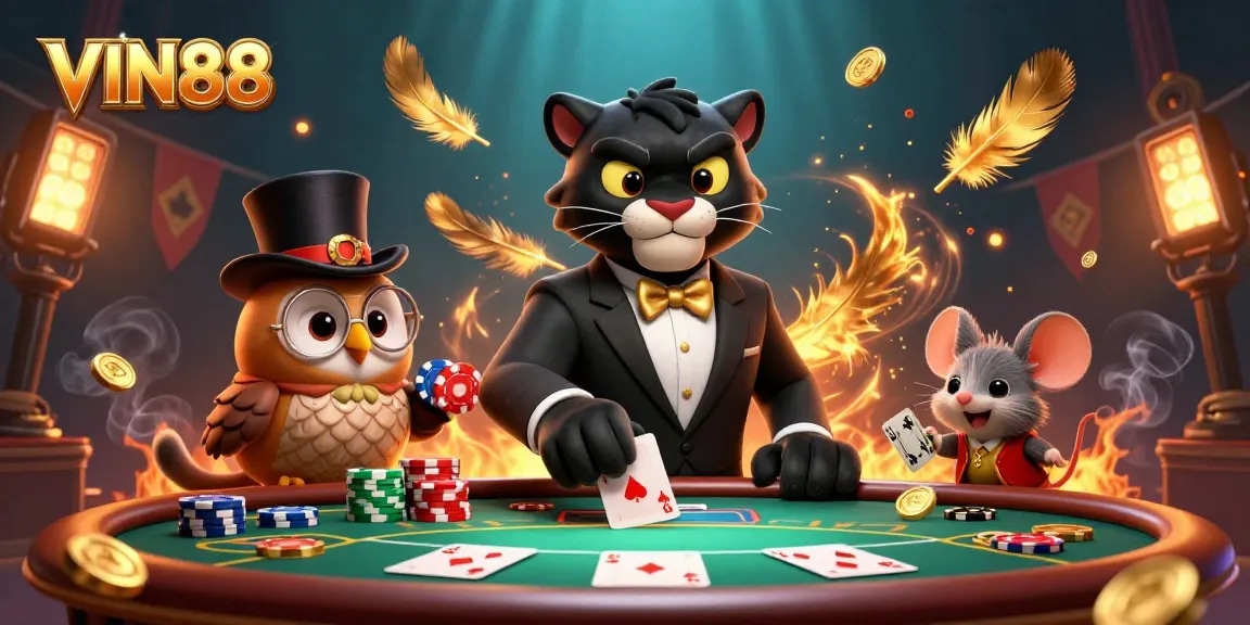 Experience the excitement of VIN88 as a stylish black panther deals cards amidst vibrant casino action.