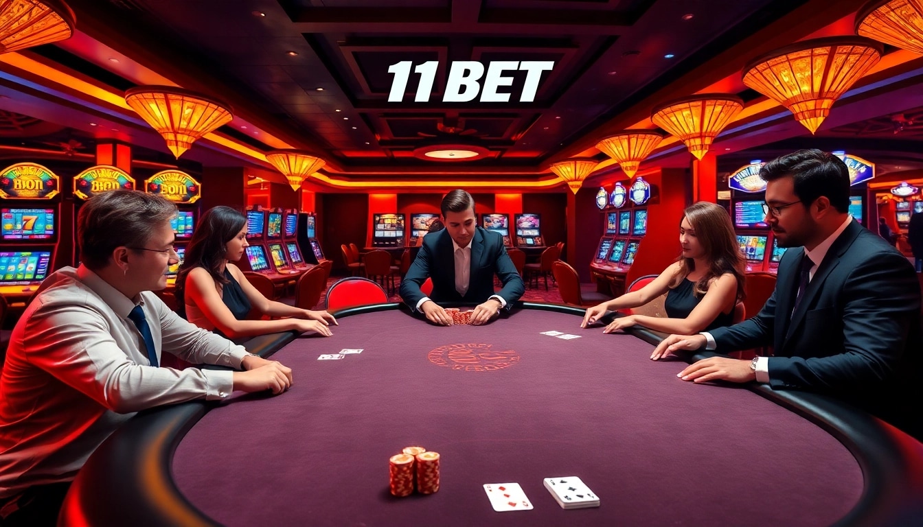 Engage in high-stakes poker at 11BET's luxurious casino tables, showcasing vibrant gameplay.