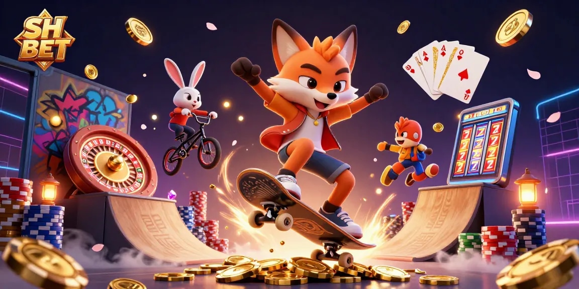 Experience thrilling gameplay with SH BET as the lively fox performs tricks over golden poker chips.