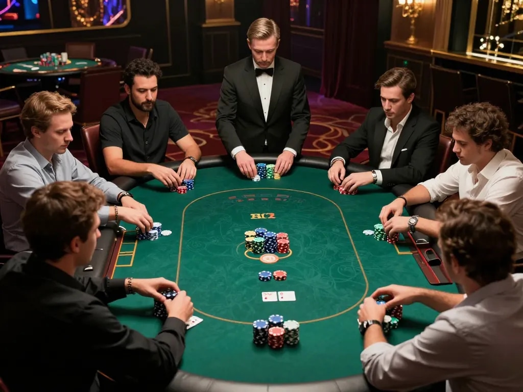 Players engaging in a high-stakes poker game at https://cstd88.com/, showcasing intense focus and strategic gameplay.