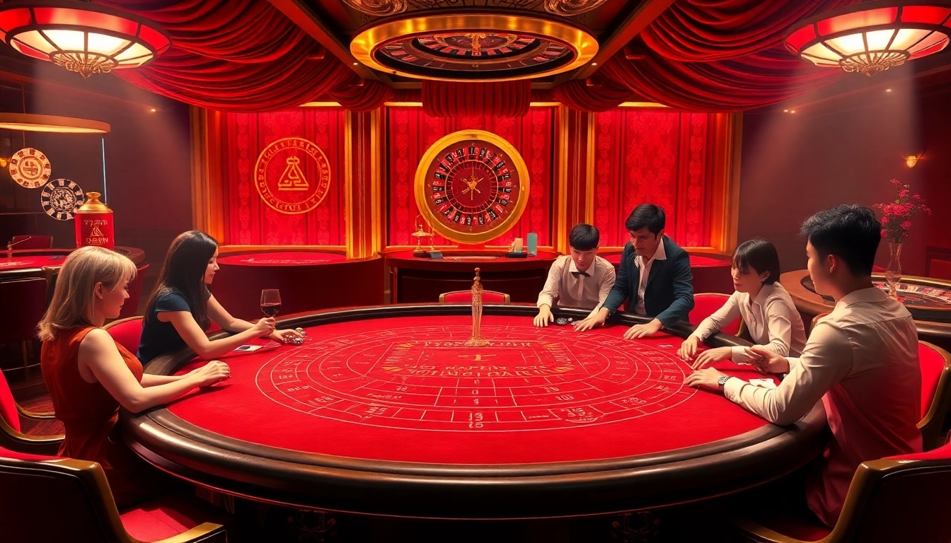 Excited players at the luxurious 789WIN baccarat table in a vibrant casino scene.