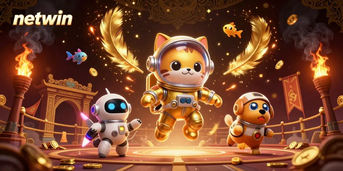 Experience the thrilling netwin gaming world with vibrant characters and dynamic casino elements in this 3D illustration.