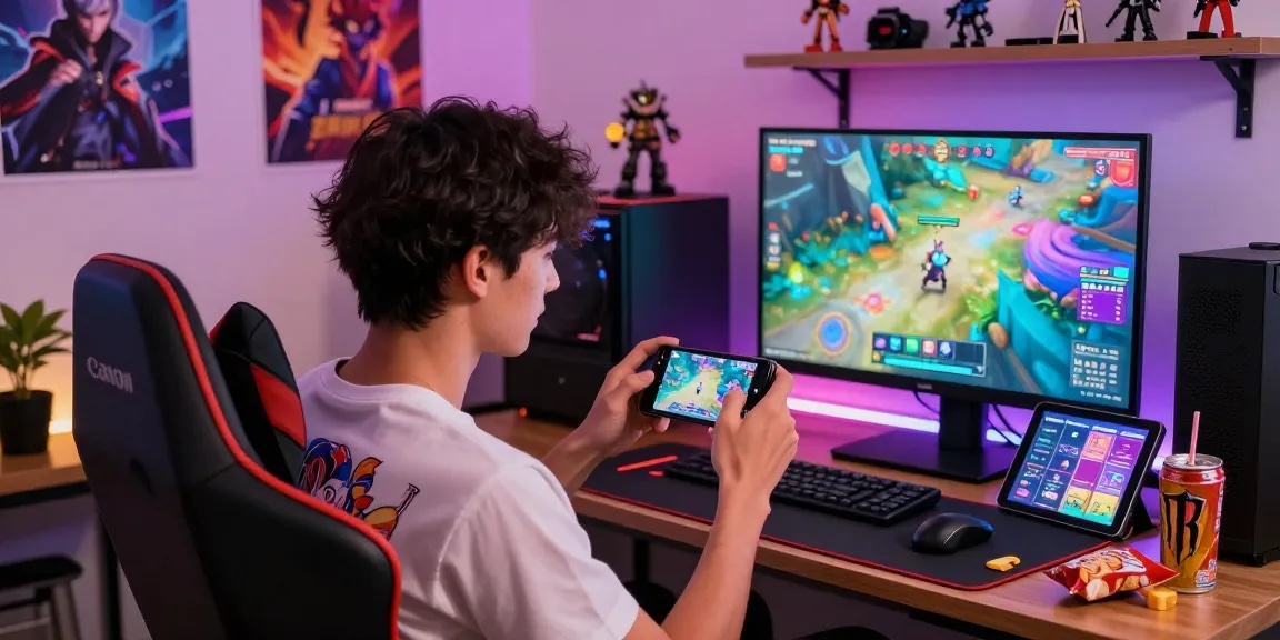 Engaged player enjoying an android hentai game on smartphone amidst colorful gaming setup, vibrant atmosphere.