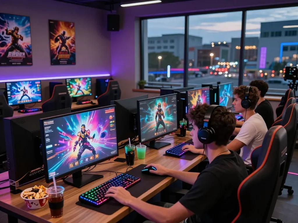 Engaging gaming scene showcasing popular porngames with friends in a vibrant lounge.