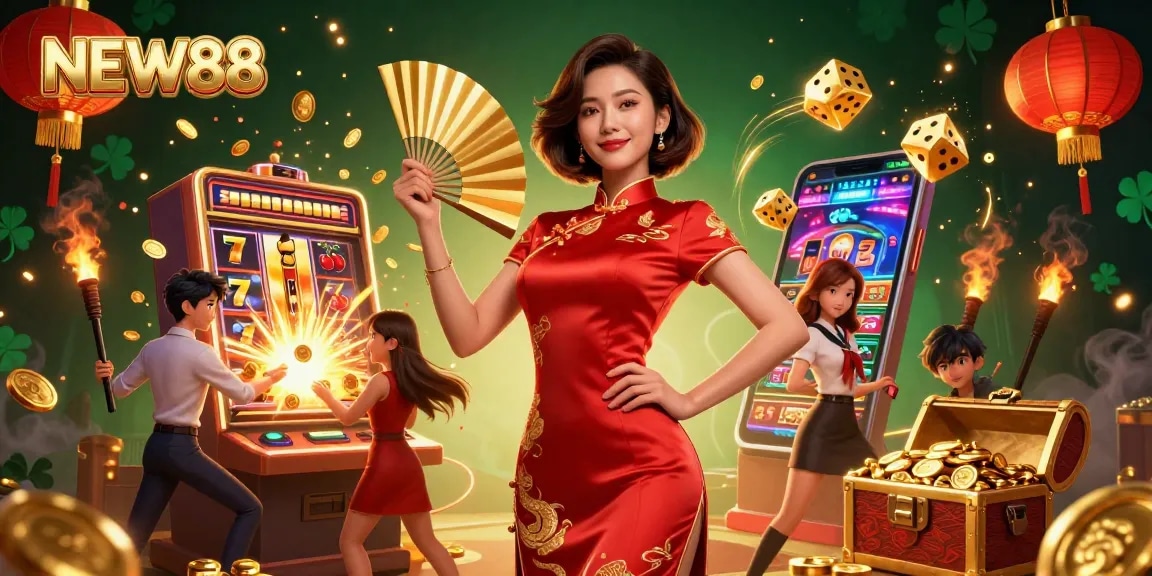 Experience the excitement of NEW88 with vibrant visuals of jackpots, games, and a confident dealer in action.