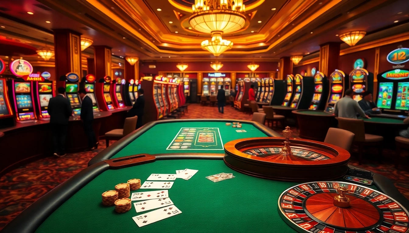 Experience the thrill of hay88 with an exciting casino scene featuring poker action and vibrant slot machines.