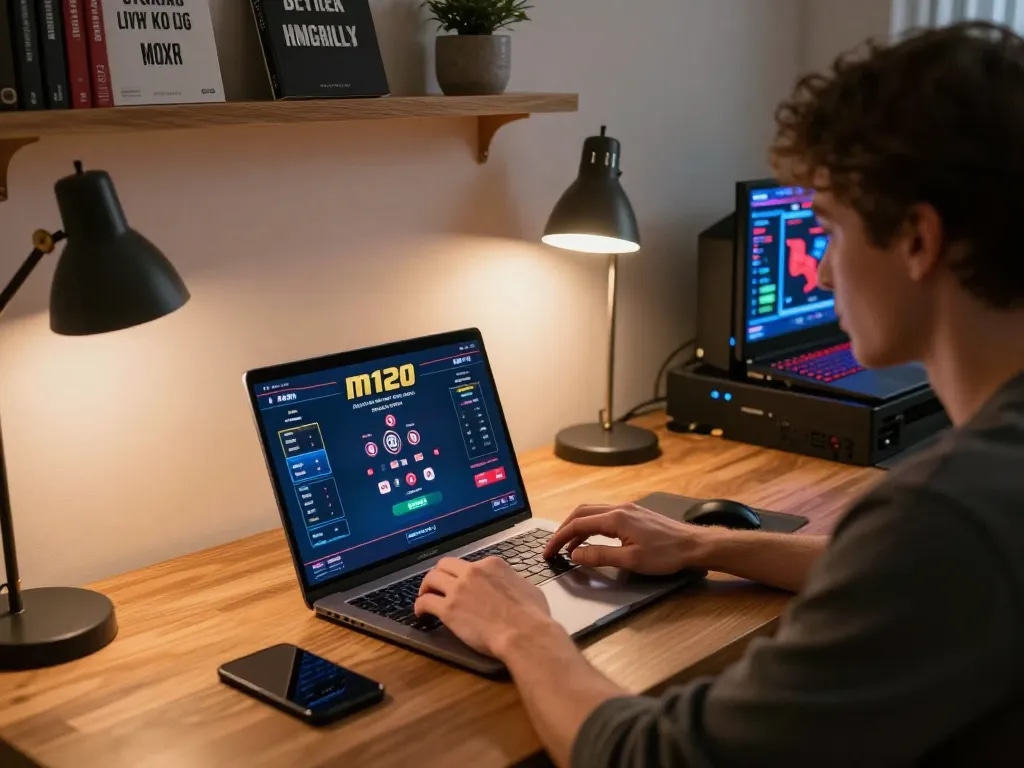 Engaging in the m120 poker game with a modern home setup for optimal gambling experience.