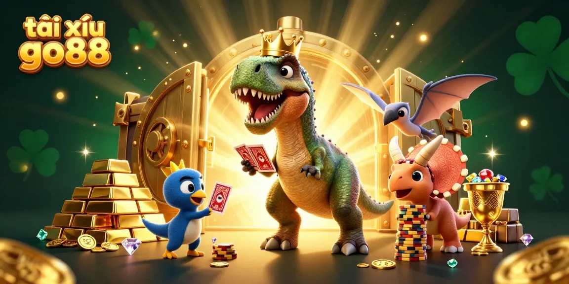 Engage in tài xỉu go88 gameplay with fun dinosaur characters in a treasure-filled casino scene.