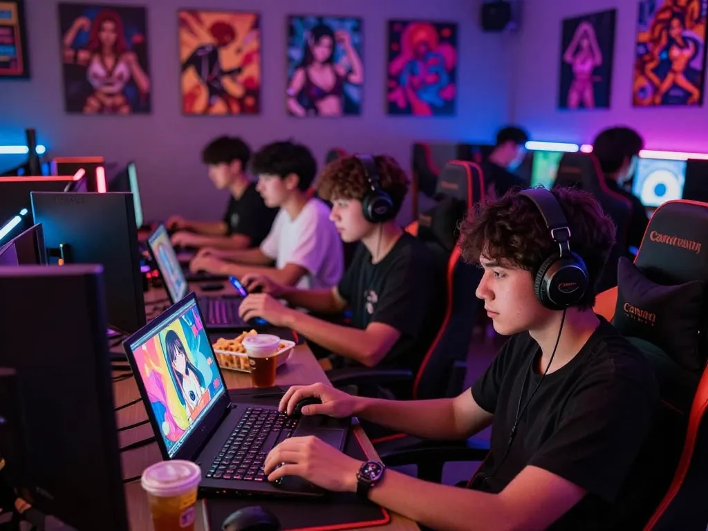 Players enjoying sex games on various devices in an engaging gaming lounge.