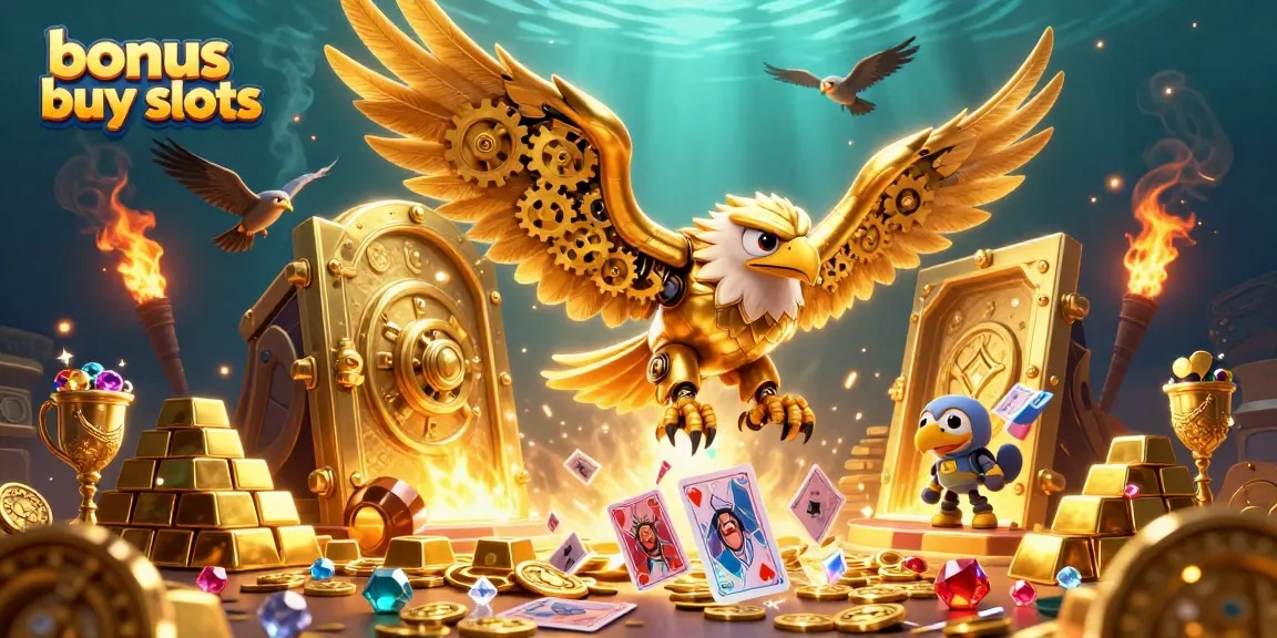 Experience thrilling bonus buy slots action with a cybernetic golden eagle and treasures cascading around.