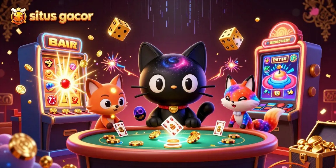 Experience situs gacor with a cosmic casino scene showcasing a black hole cat and colorful elements
