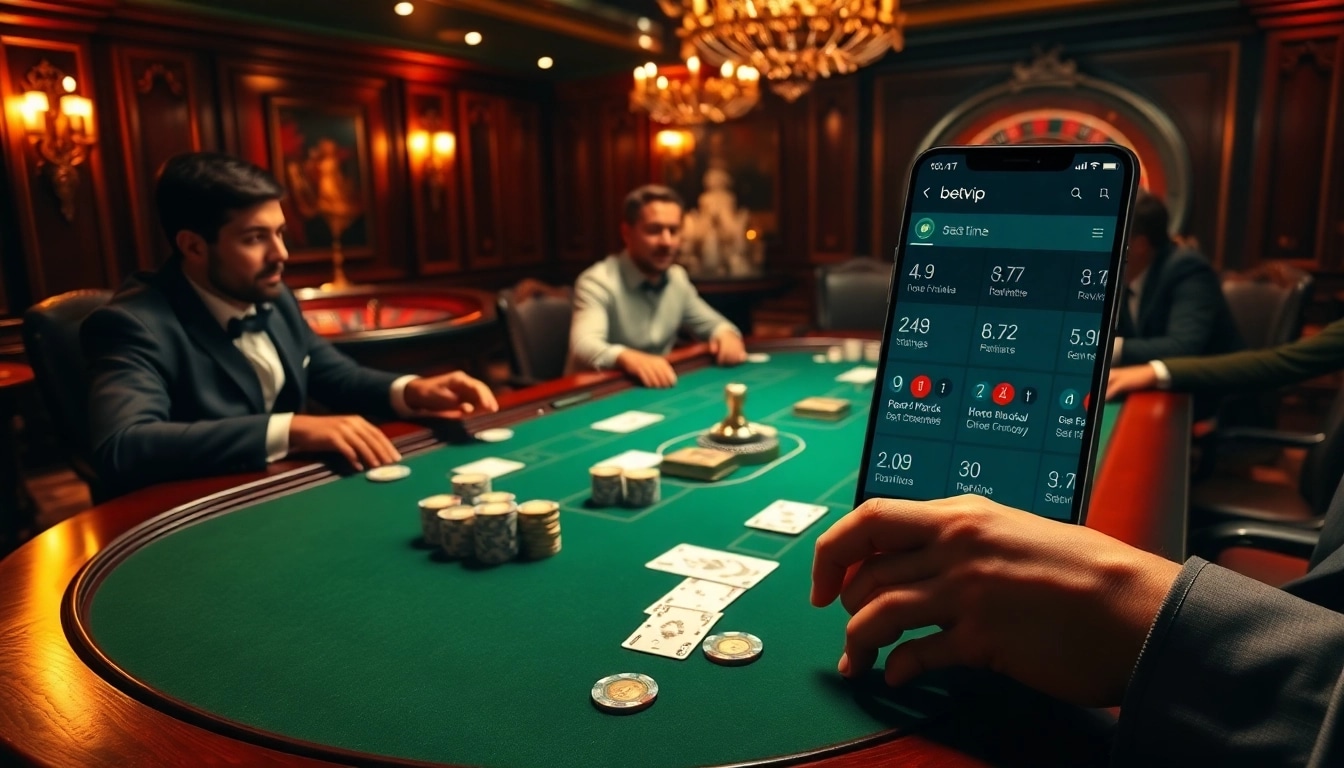 Trò chơi poker đầy kịch tính với ứng dụng betvip cho cược trực tiếp và bầu không khí casino sang trọng.