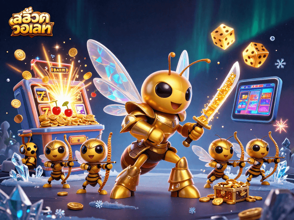 Experience สล็อตวอเลท with an engaging 3D scene of casino excitement featuring lively characters, slot machines, and vibrant effects.