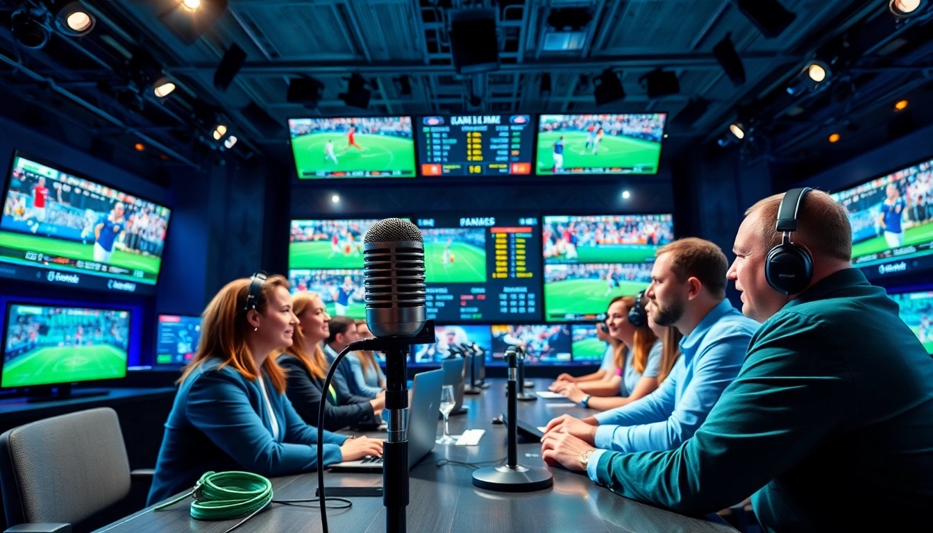 Sports Broadcasting professionals in a vibrant studio, engaging the audience live.