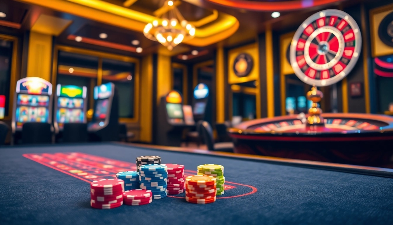 Exciting gaming experience at 98win with vibrant slot machines and poker chips.