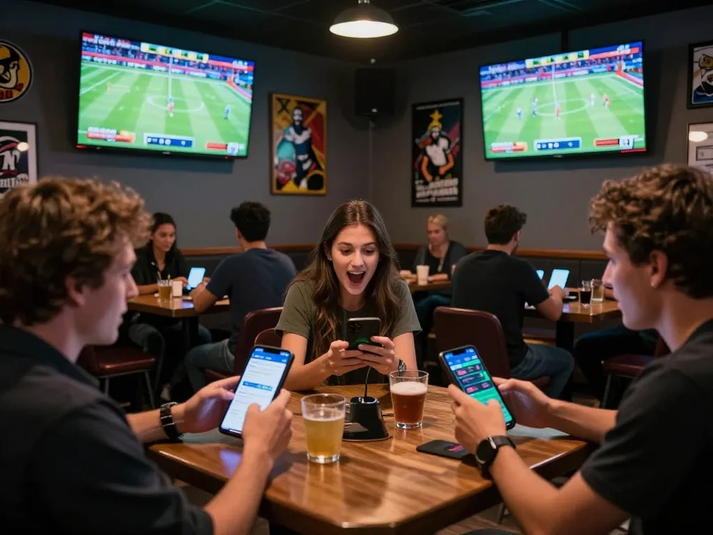 Active sports betting at cm88 com with enthusiastic fans engaging on mobile apps in a vibrant sports bar.