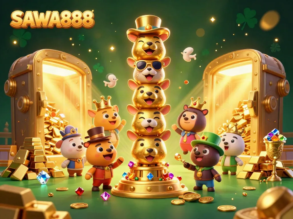 Experience rich winnings in SAWA888's vibrant casino scene filled with gold, gems, and excitement.