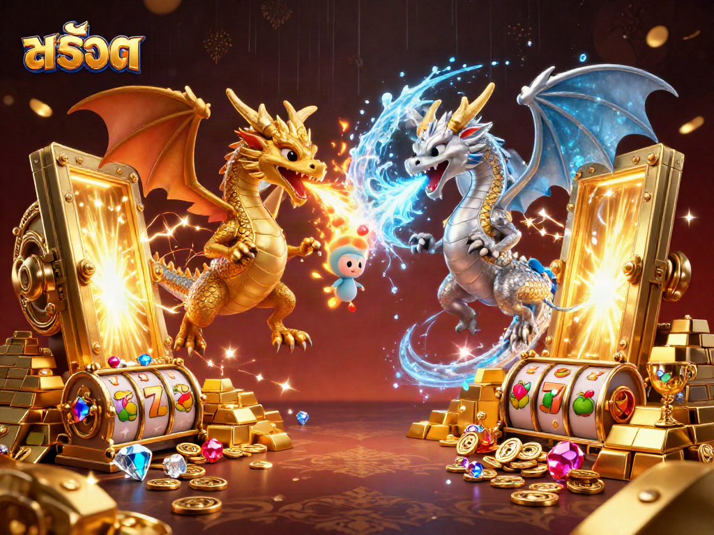 Experience thrilling สล็อต action with golden and silver dragons, slot reels, and treasures galore.