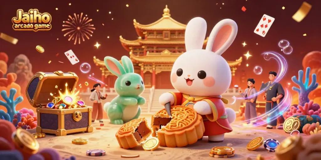 Experience the thrilling Jaiho arcade game with a moon rabbit celebrating big wins among floating casino elements.